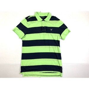 American Eagle Polo Shirt Mens L Green Navy Stripes Athletic Fit Short Sleeve